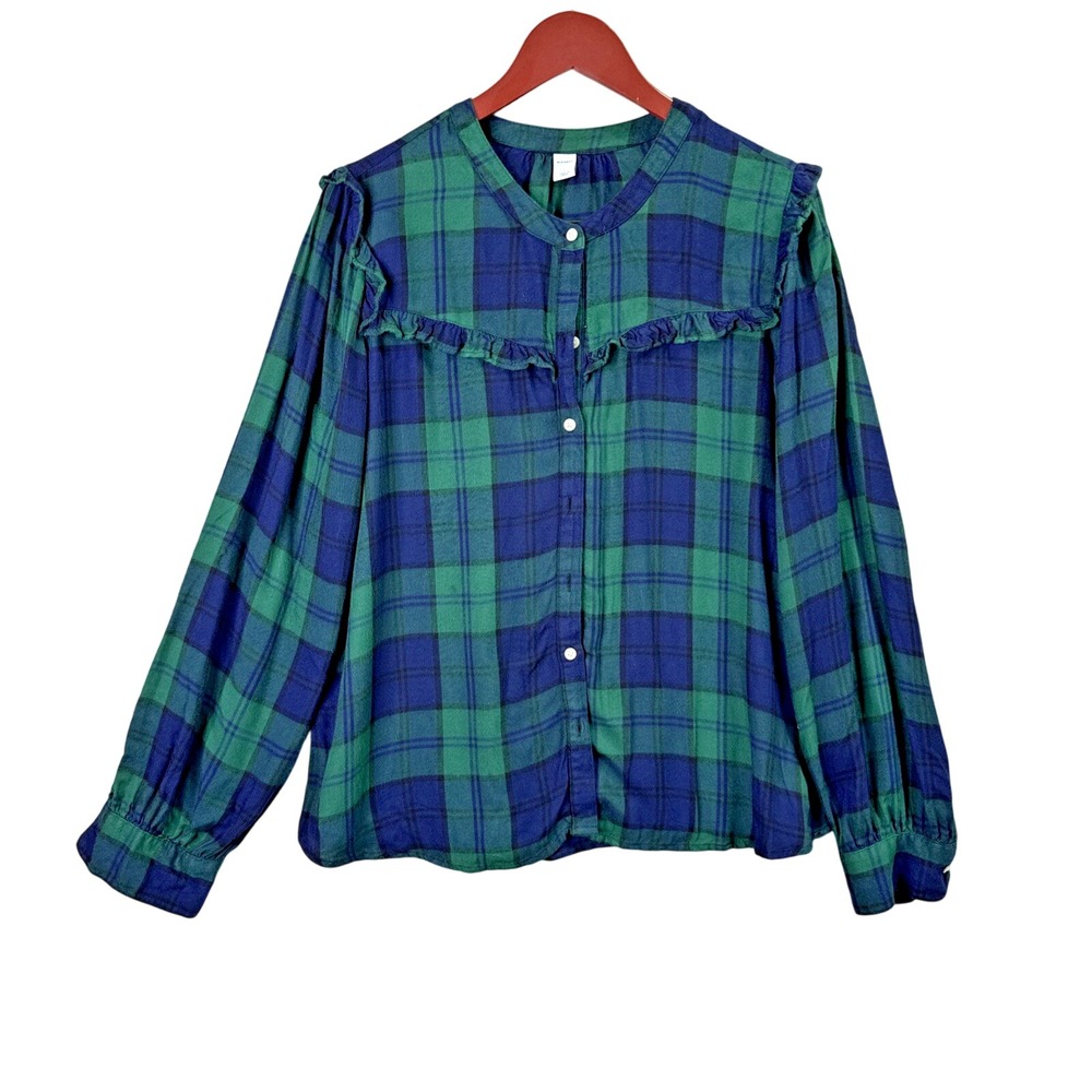 Old Navy Top Women's Large Blue And Green Plaid Ruffle Holiday‎